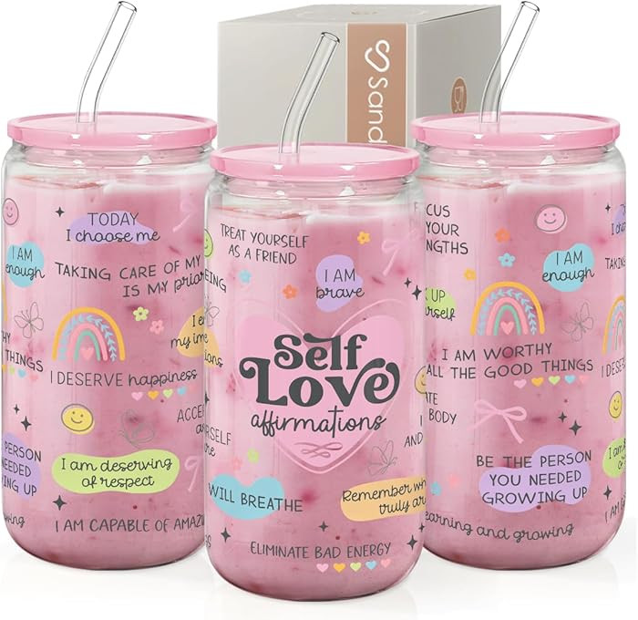 SANDJEST Inspiration Glass Can, Self Love Iced Coffee Aesthetic Cup, Gifts for Christmas Birthday... | Amazon (US)