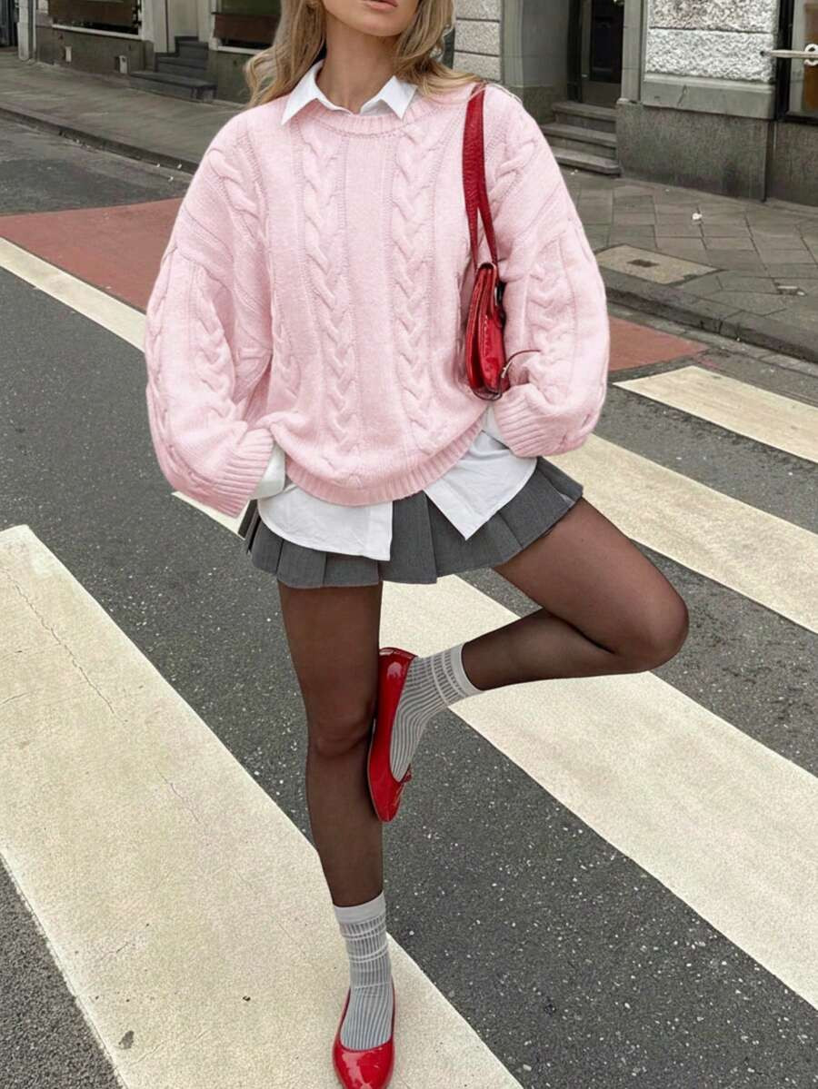 FOR BEAUTY Women's New Solid Color Round Neck Drop Shoulder Long Sleeve Knit Sweater, Loose Fit F... | SHEIN