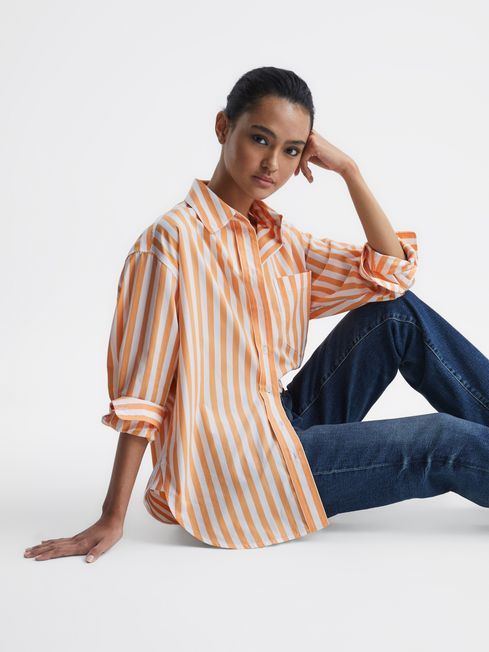 Reiss Orange/White Emma Relaxed Fit Striped Cotton Shirt | Reiss UK