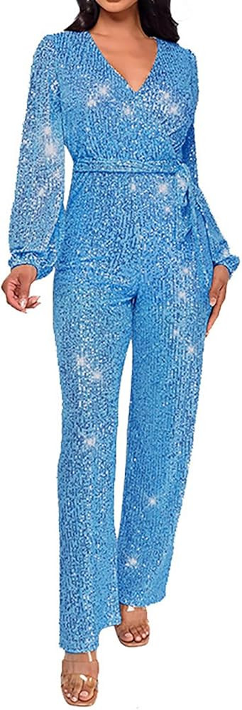 Sparkly Jumpsuits for Women Dressy Formal Plus Size Long Sleeve Sequin Party Rompers Sexy V Neck ... | Amazon (US)