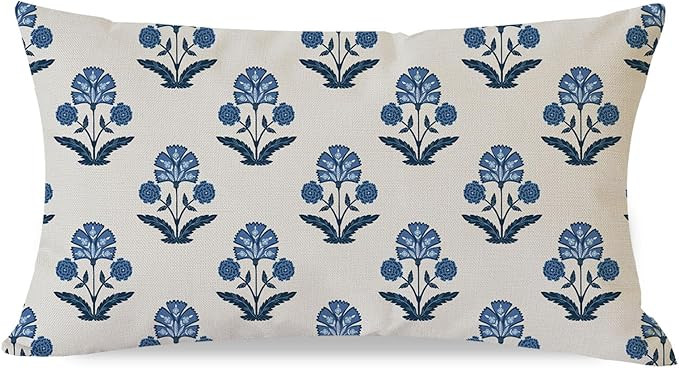 PANDICORN Block Print Throw Pillow Cover 12x20 Inch Blue Vintage Floral Boho Outdoor Farmhouse Sp... | Amazon (US)