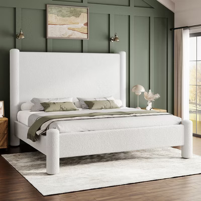 AMERLIFE King Size Bed Frame, Boucle Upholstered Bed Frame with Charging Station, Platform Bed with Soft Rounded Corners, Easy Assembly, Khaki | Target