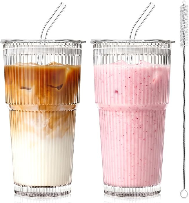 2 St\u00fcck 600ml Trinkbecher mit Deckel und Strohhalm, Sp\u00fclmaschinenfestes Eiskaffee Gl\u0... | Amazon (DE)