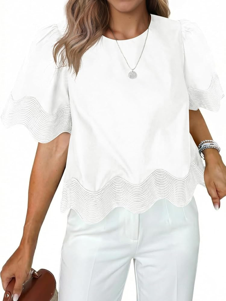 Tankaneo Womens Short Sleeve Crop Tops Summer Casual Scalloped Flowy Blouse Crewneck Ruffle Loose... | Amazon (US)