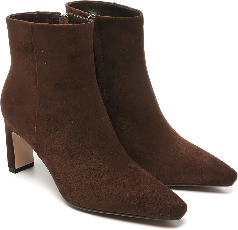 Brown Suede Ankle Boots for Women Pointed Toe Chunky High Heeled Booties Fall Dressy Short Boots ... | Amazon (US)