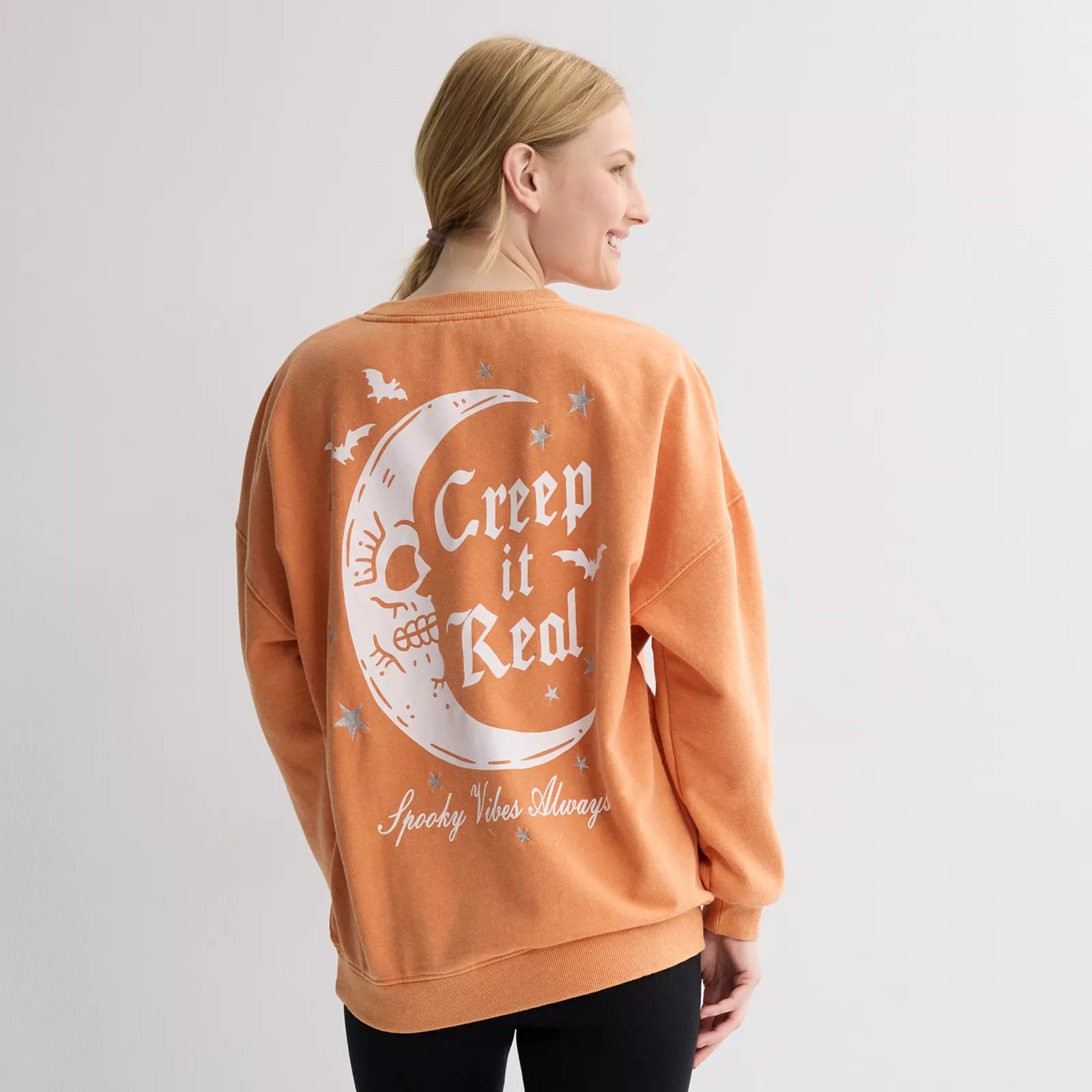Juniors' Creep It Real Moon Oversized Graphic Pullover, Women's, Size: XS, Orange Mineral Wash | Kohl's