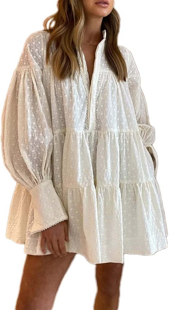 Aofur Summer Cotton V Neck Long Losse Sleeve Casual Party A-Line Dresses Embroidery Short Dress | Amazon (US)