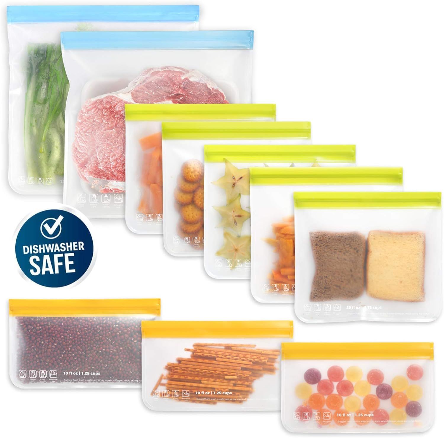 10 Pack Dishwasher Safe Reusable Food Storage Bags (5 Reusable Sandwich Bags, 3 Reusable Snack Ba... | Amazon (US)