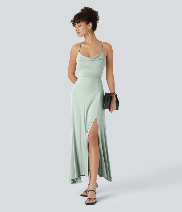 Women’s Ribbed Cowl Neck Backless Crisscross Lace Up Split Midi Party Dress - Halara | HALARA