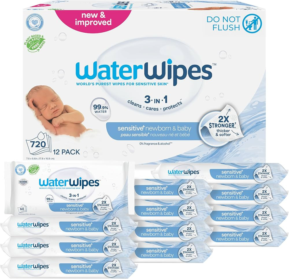 WaterWipes Sensitive+ Newborn & Baby Wipes, 3-In-1 Cleans, Cares, Protects, 99.9% Water, Unscente... | Amazon (US)