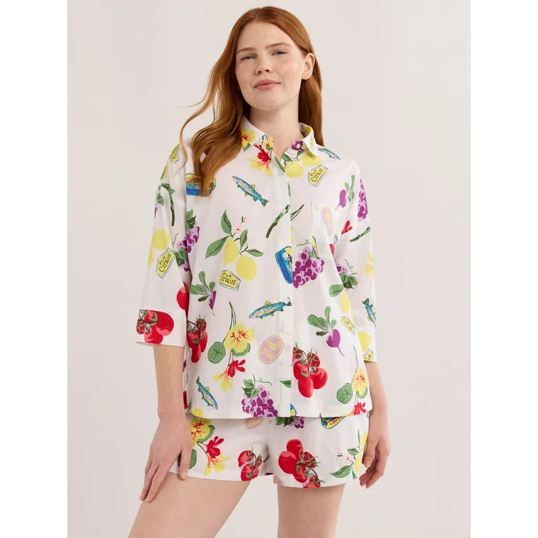 Joyspun Women’s Woven ¾ Sleeve Notch Collar Top and Boxer Shorts Pajama Set, Sizes XS-3X | Walmart (US)