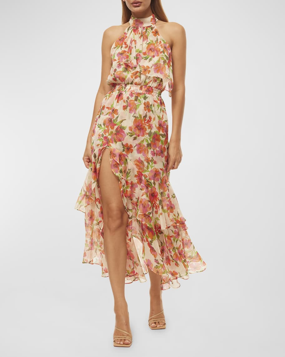 MISA Los Angeles Aneva Floral-Print Sleeveless Ruffle Midi Dress | Neiman Marcus