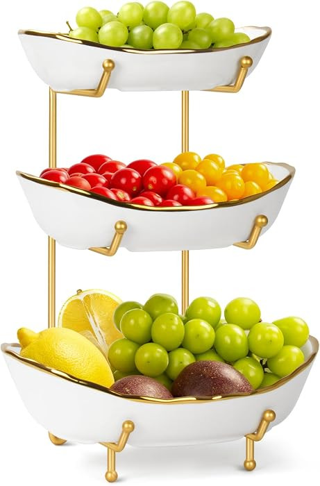 3-Tier Ceramic Fruit Bowl, Modern Fruit Basket for Kitchen Countertop, Tiered Fruit Display Stand... | Amazon (US)