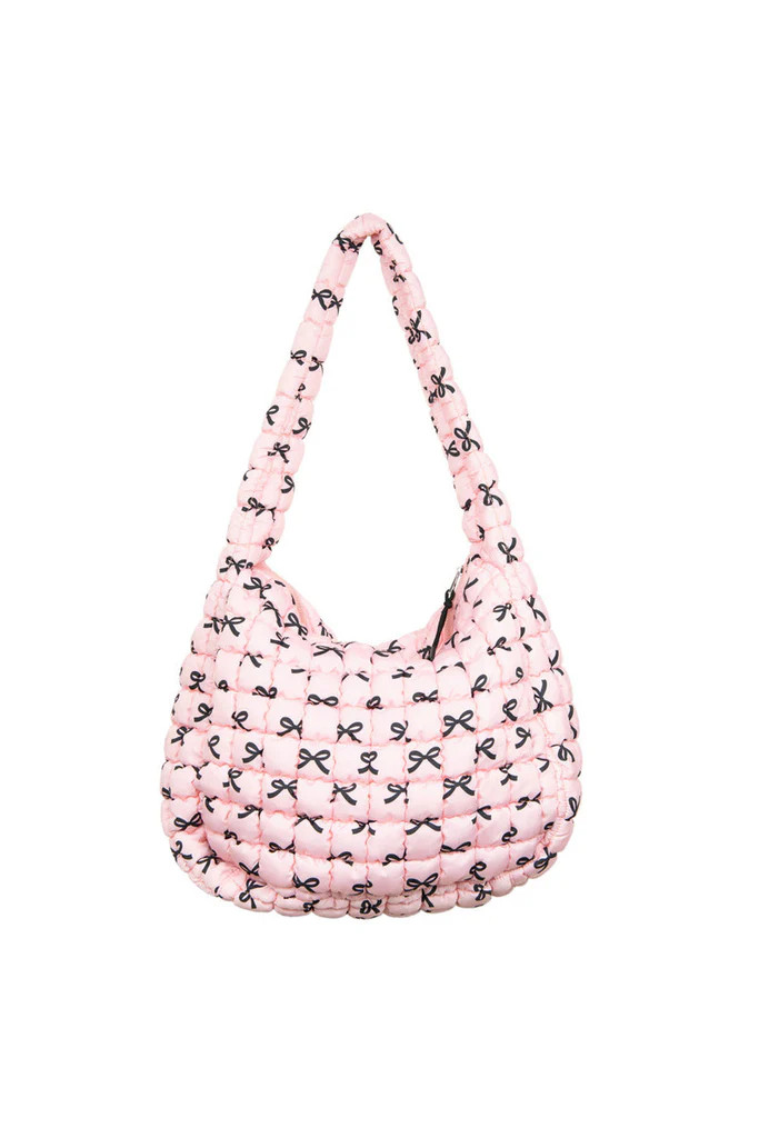 Black & Pink Mini Coquette Bows Quited Hobo Tote Bag | Katydid.com