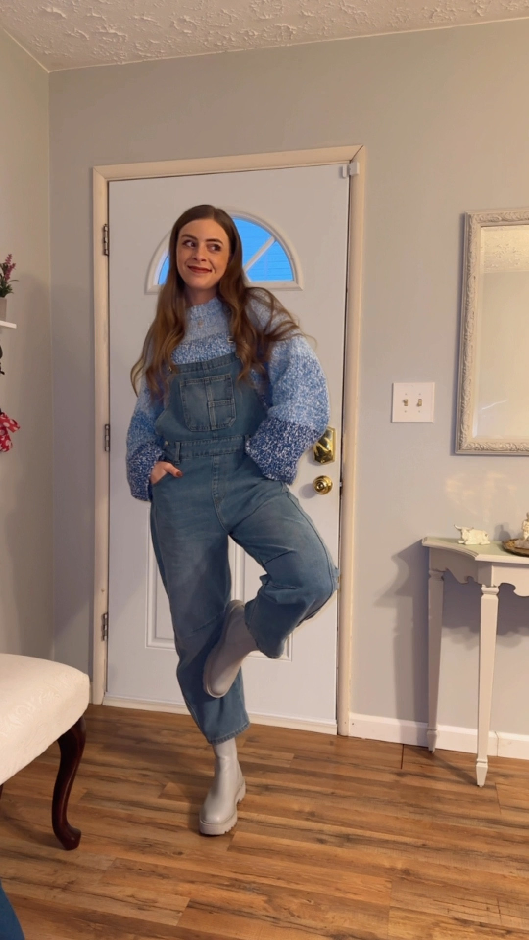 OOTD 1/16/25

Chunky blue oversized sweater, ombré gradient sweater, big sleeve sweater, blue cozy winter outfit, barrel jean overalls, lug sole Chelsea boots, gray chunky boots, gold jewelry, winter outfit inspo, casual winter fashionn