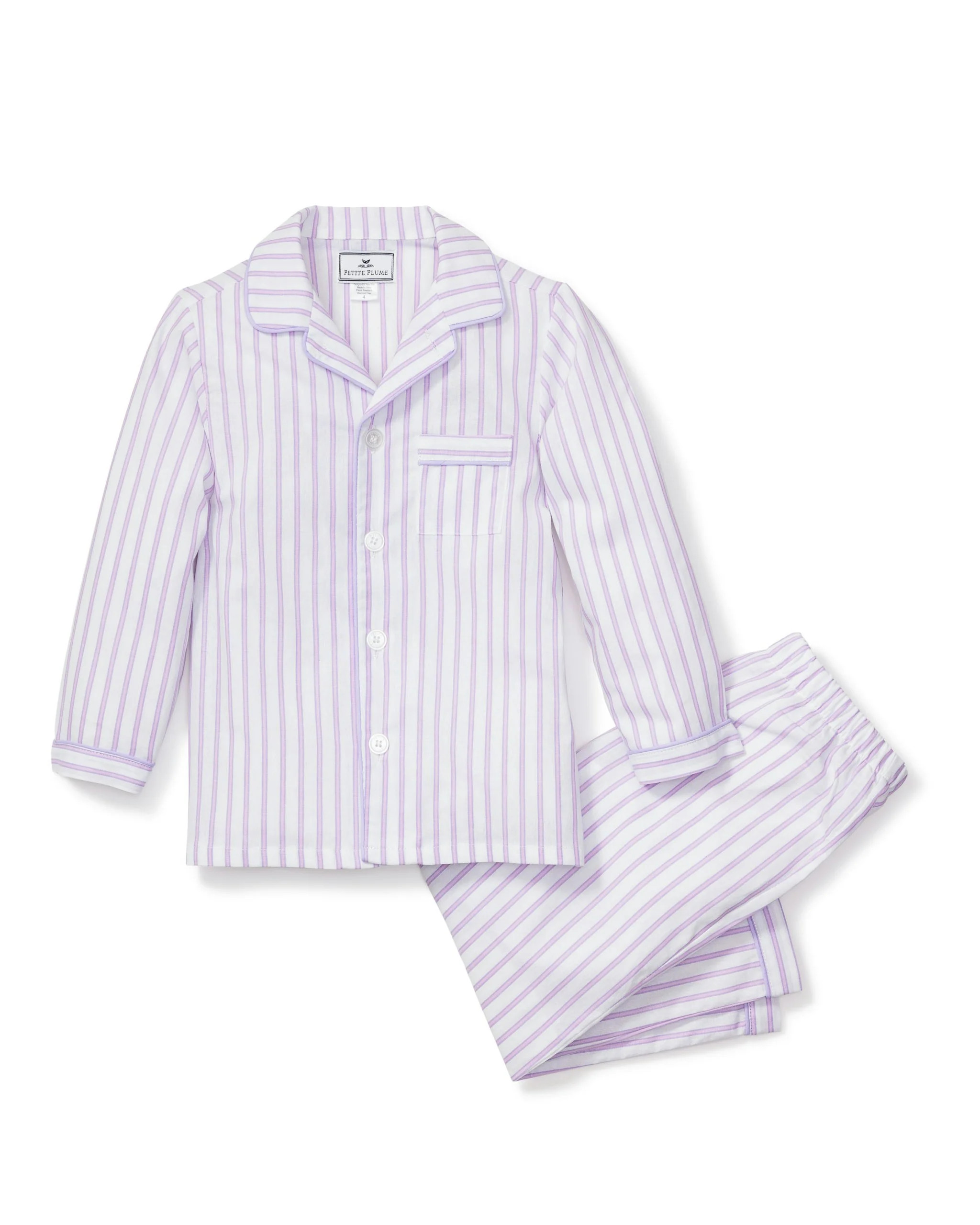 Kid's Twill Pajama Set in Lavender French Ticking | Petite Plume