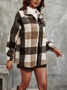 SHEIN LUNE Buffalo Plaid Print Drop Shoulder Flap Pocket Coat | SHEIN