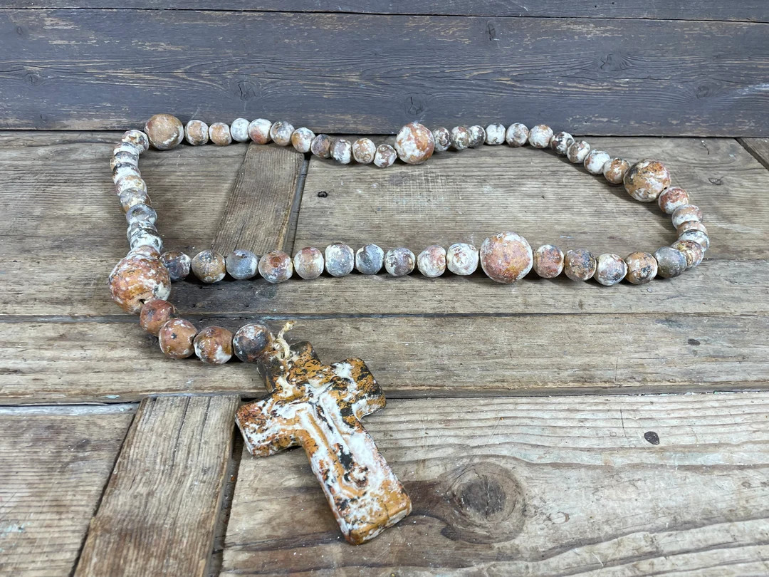 Great Buy-clay Rosary-wh-beads-handmade-42-44 Inches-farmhouse-cross-wall Decor-primitive-shabby ... | Etsy (US)