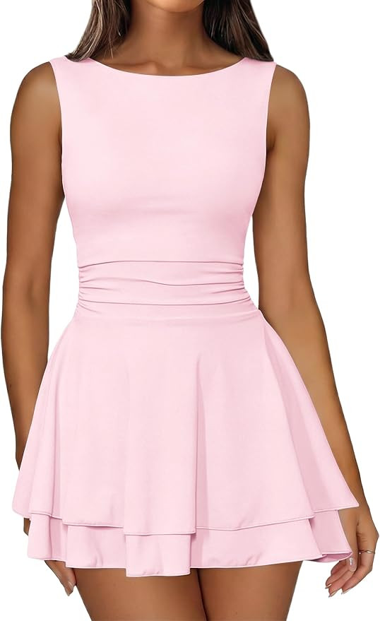 IWD Women's Boat Neck Sleeveless Mini Dress Tiered Ruffle Hem Party Dresses | Amazon (US)