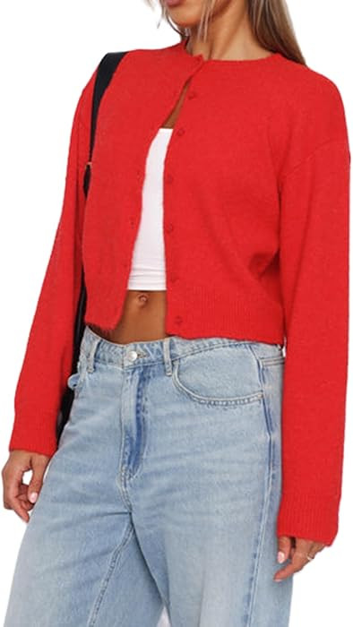 Women's Y2k Button Down Cardigans Sweater Solid Color Longsleeve Crew Neck Cropped Knitted Shirt ... | Amazon (CA)