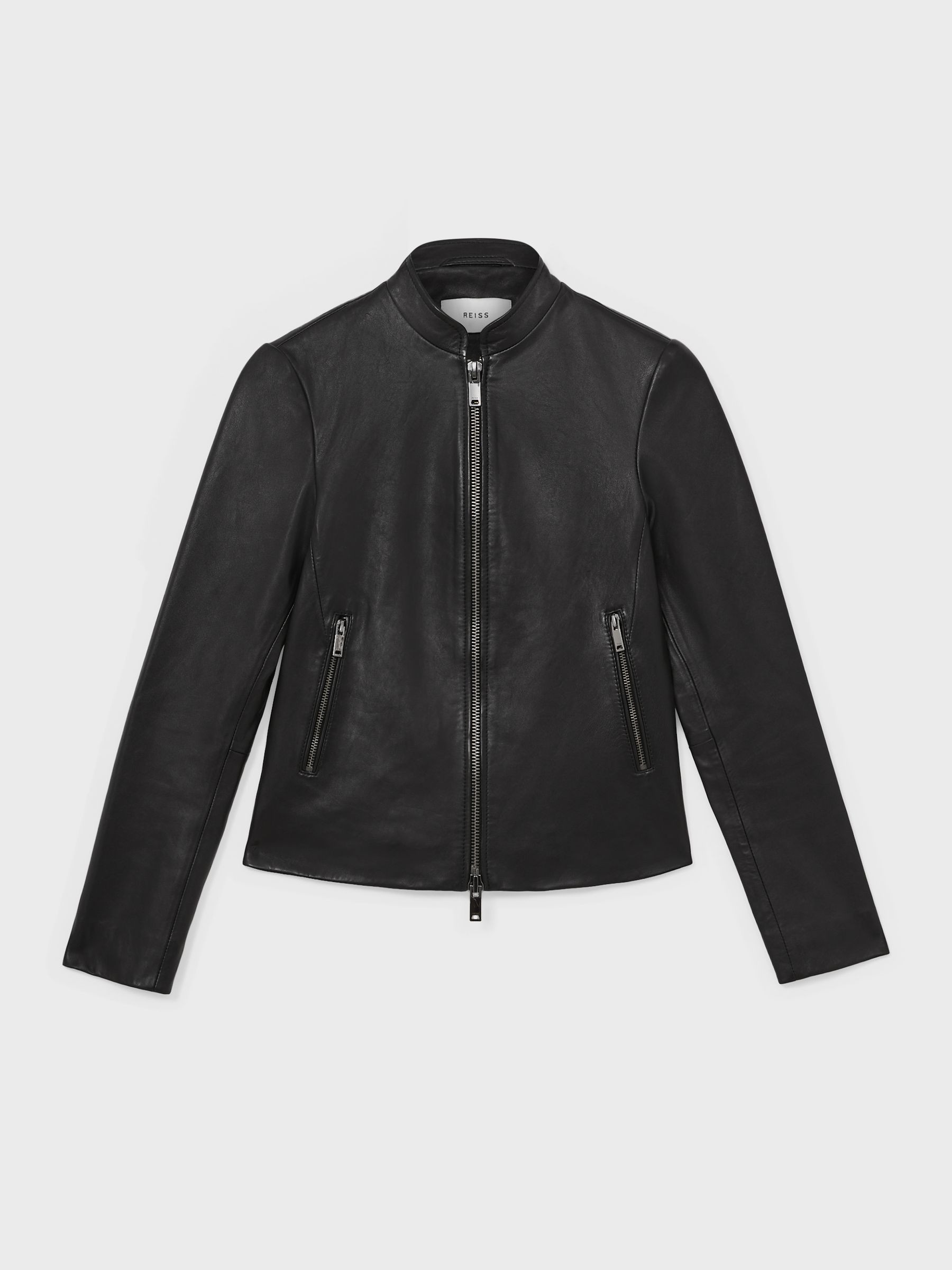 Reiss Leather Collarless Biker Jacket in Black | REISS | Reiss US