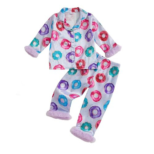 Kavousa Toddler Baby Girl Birthday Pajamas Donut/Butterfly Print Button Down Shirt + Pants Little Kids Girls Silk Pajama Set(Doughnut Purple, 12-18 Months) | Amazon (US)