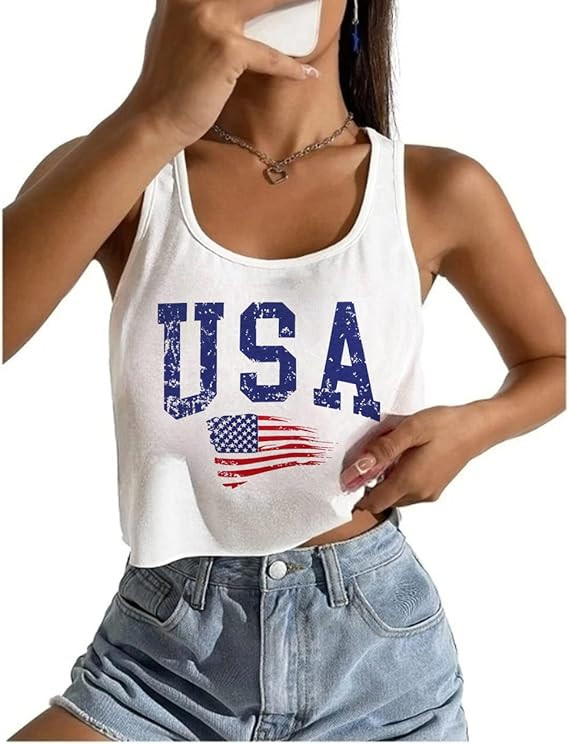 Women's Sexy American Flag Crop Tank 4th of July Patriotic Sleeveless Tee Tops | Amazon (US)
