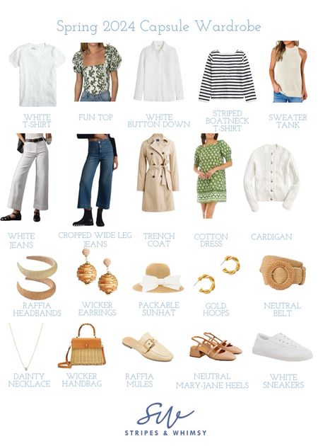 Spring 2024 capsule wardrobe. (Part 1 of 2- First 16 products) Everything is tts but size up in white jeans if in between sizes. Fun top is from chakeris (not linked) and code Katie10 for 10% off.

#LTKfindsunder100 #LTKSeasonal #LTKstyletip