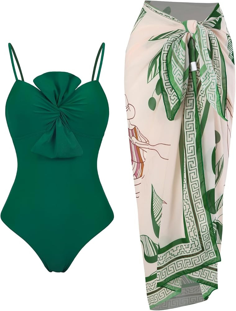 Womens One Piece Swimsuit with Cover Up Sarong Wrap Floral Bathing Suits 1 Piece Swim Suit with B... | Amazon (US)