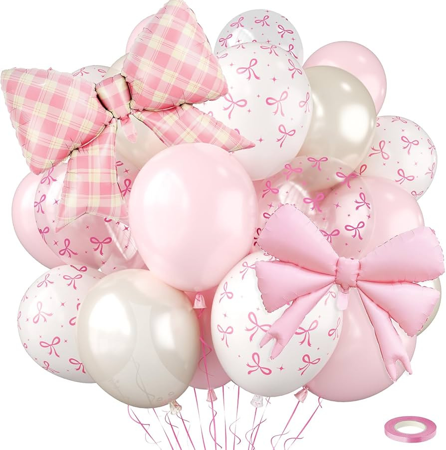 Bow Balloons,Light Baby Pink White Balloon with Bow Foil Balloon,for Women Birthday Party Bachelo... | Amazon (US)