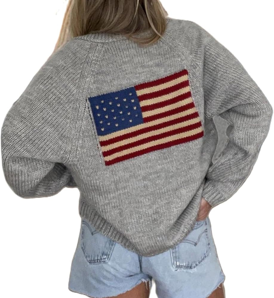 Women American Flag Cardigan Sweaters Y2k Long Sleeve Open Front Button Down Cardigans USA Flag K... | Amazon (US)