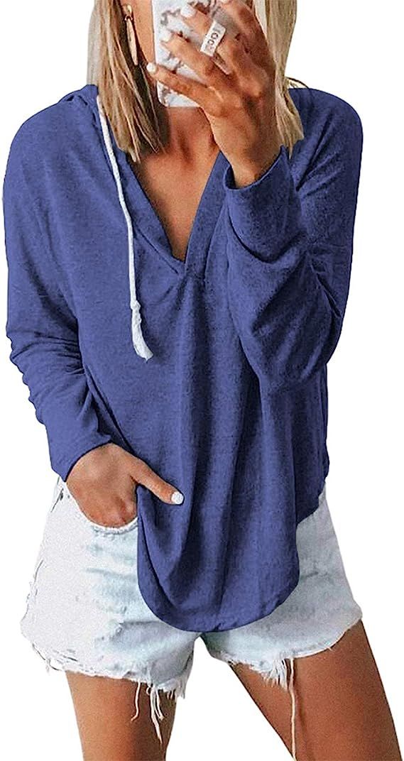 KIRUNDO 2021 Women’s Deep V Neck Hoodie Long Sleeves Solid Color Drawstring Belt Sweatshirt Loo... | Amazon (US)