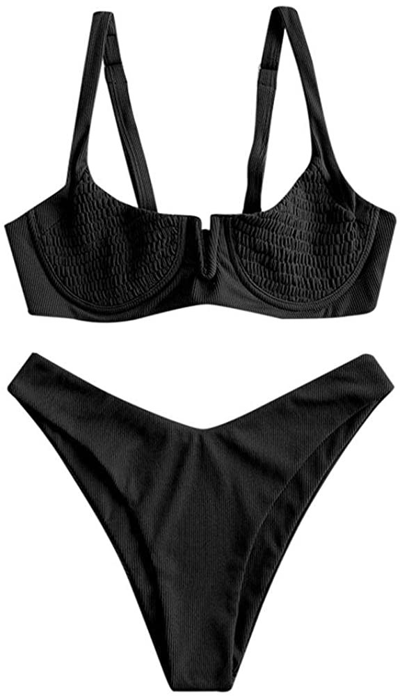 Ribbed Underwire V Notch Smocked High Cut Bikini | Amazon (US)
