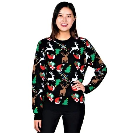 SoCal Look Women's Ugly Christmas Sweaters Santa Hat Christmas Tree Black | Walmart (US)