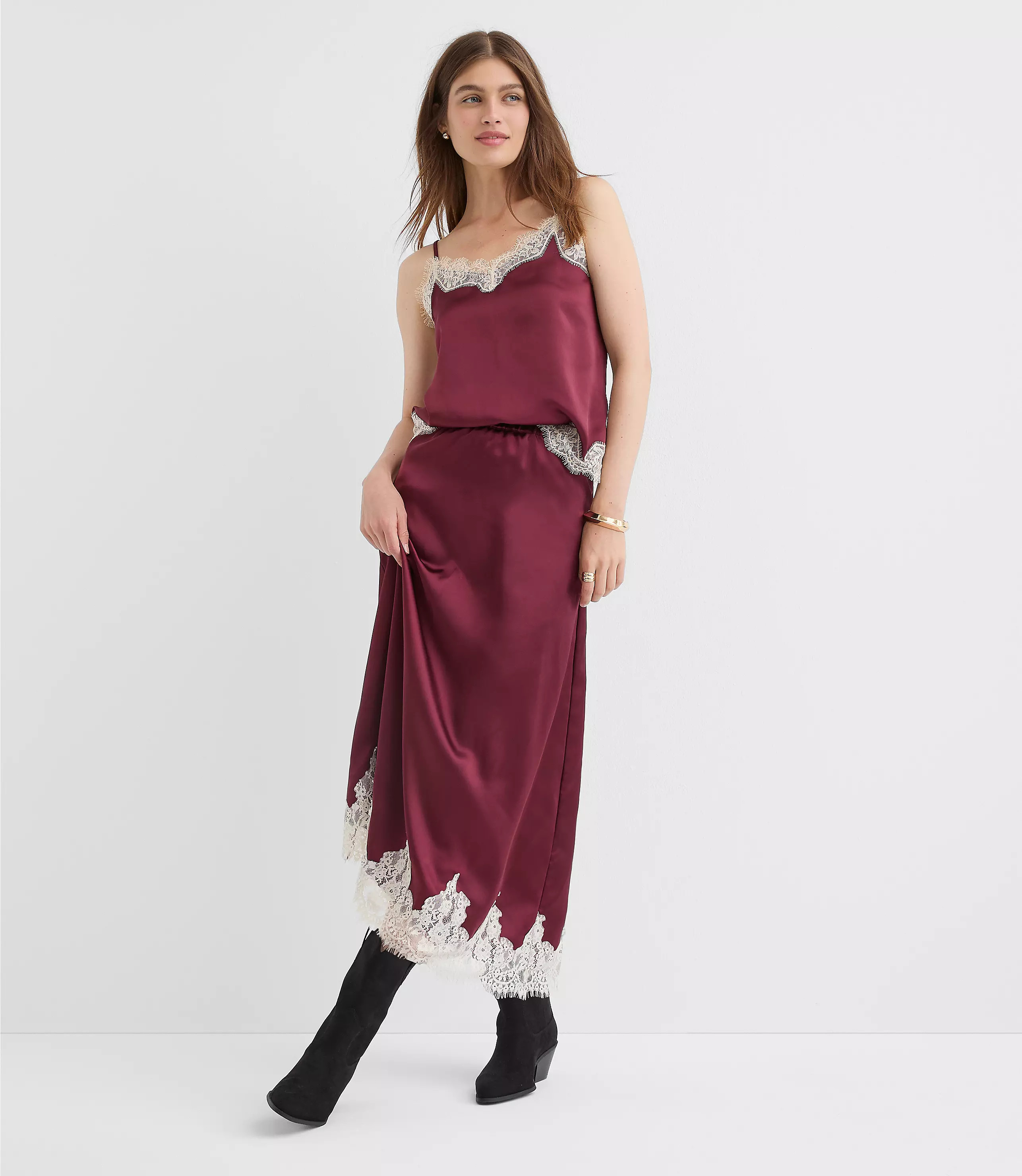 Lace Trim Satin Midi Skirt | LOFT