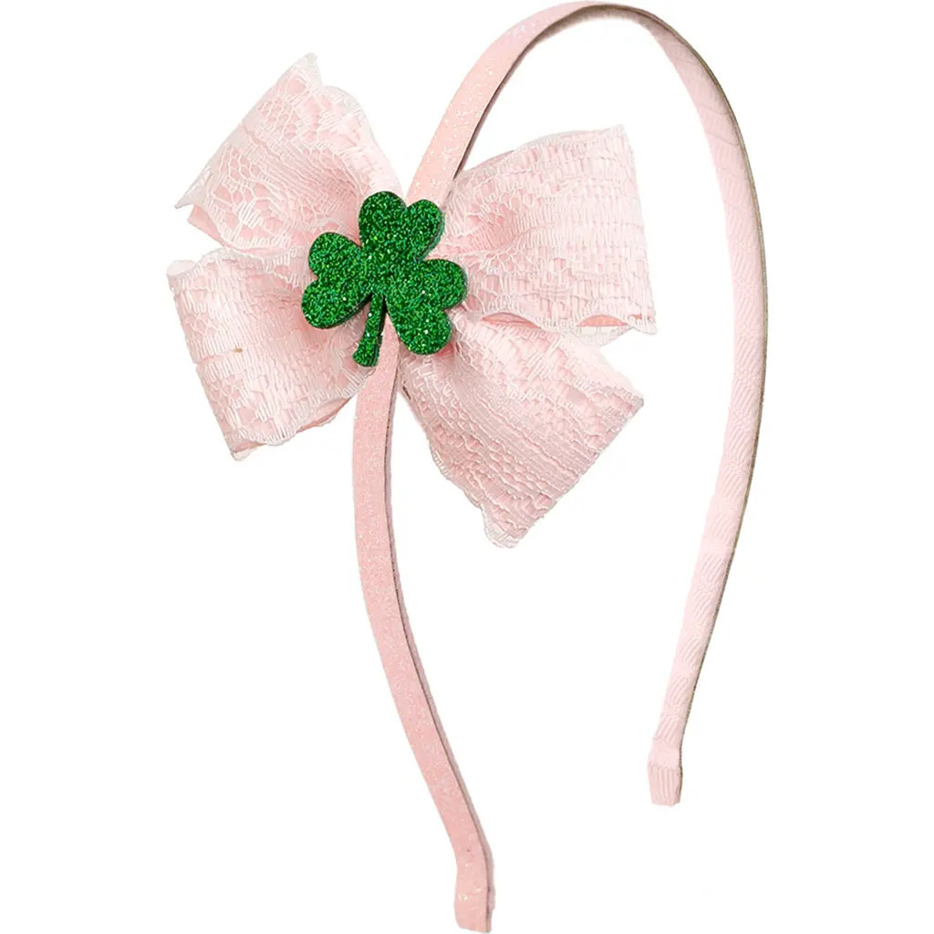 Sweet Wink Shamrock Lace St. Patrick's Day Bow Headband in Pink at Nordstrom | Nordstrom