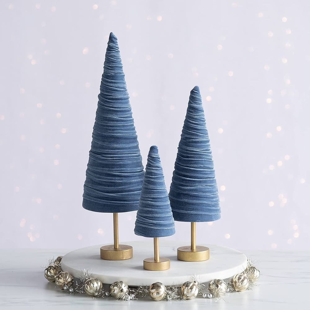 Slate Blue Pedestal Velvet Trees Set of 3, Modern Decor, Boy Nursery, Blue Christmas Mantel, Past... | Amazon (US)