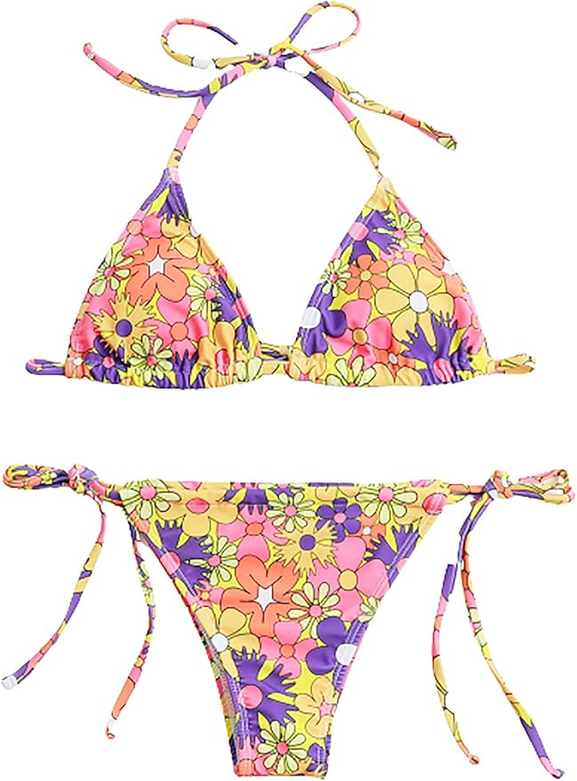 SOLY HUX Women's Floral Print Halter Triangle Tie Side Bikini Set Two Piece Swimsuits | Amazon (US)