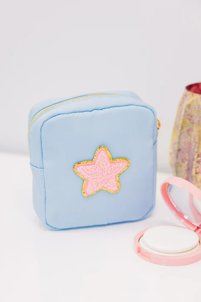 Pre-Order: Let's Get Going Light Blue Varsity Cosmetic Bag, Small | The Mint Julep Boutique