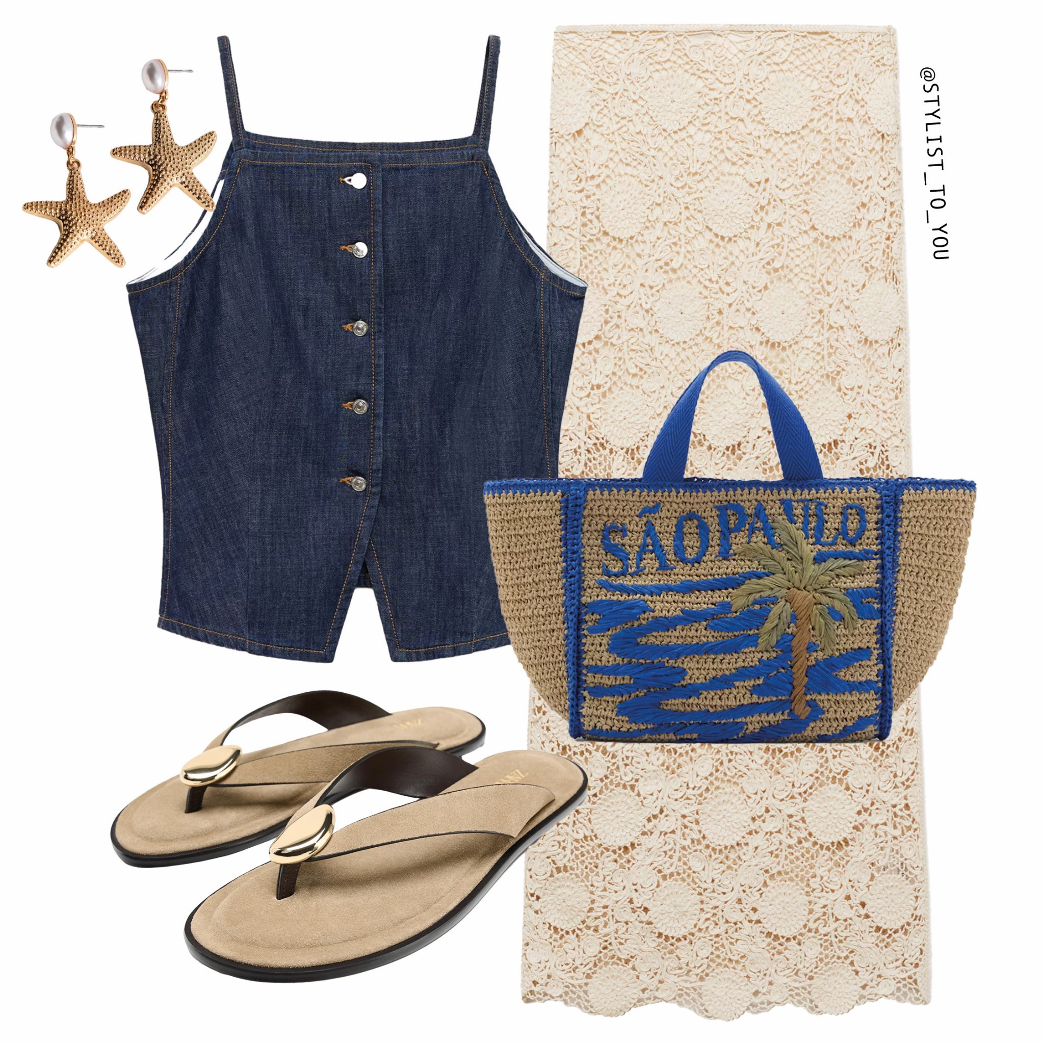 Crochet vibes 🐚🥥

Flat lay of a casual summer outfit including a dark denim sleeveless strappy waistcoat tank top with buttons, cream crochet long maxi column skirt, tan sandals with gold hardware, a woven blue and beige beach bag that says “São Paulo” with palm tree embroidery, and chunky gold earrings. crochet style, denim top, beach outfit, holiday vibes, tropical chic, summer essentials, resort fashion, flat lay inspo, coastal look, vacation style, casual cute, woven bag, beach tote, sunny vibes, effortless outfit, gold sandals, tan shoes, denim details, cute summer outfit, straw bag, travel outfit, boho chic, modern boho, light neutrals, spring fashion, denim and crochet, fashion inspo, minimal chic, sunny day style, spring to summer, fashion flat lay, chic summer, statement bag, everyday glam, hot weather outfit, feminine fashion, relaxed look, cool girl style, fashion blogger style, beach to brunch

#LTKAroundTheWorld #LTKAprilSpotlight #LTKuk