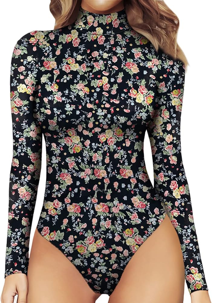 MANGOPOP Women's Mock Turtle Neck Long Sleeve Tops Bodysuit Jumpsuit | Amazon (US)