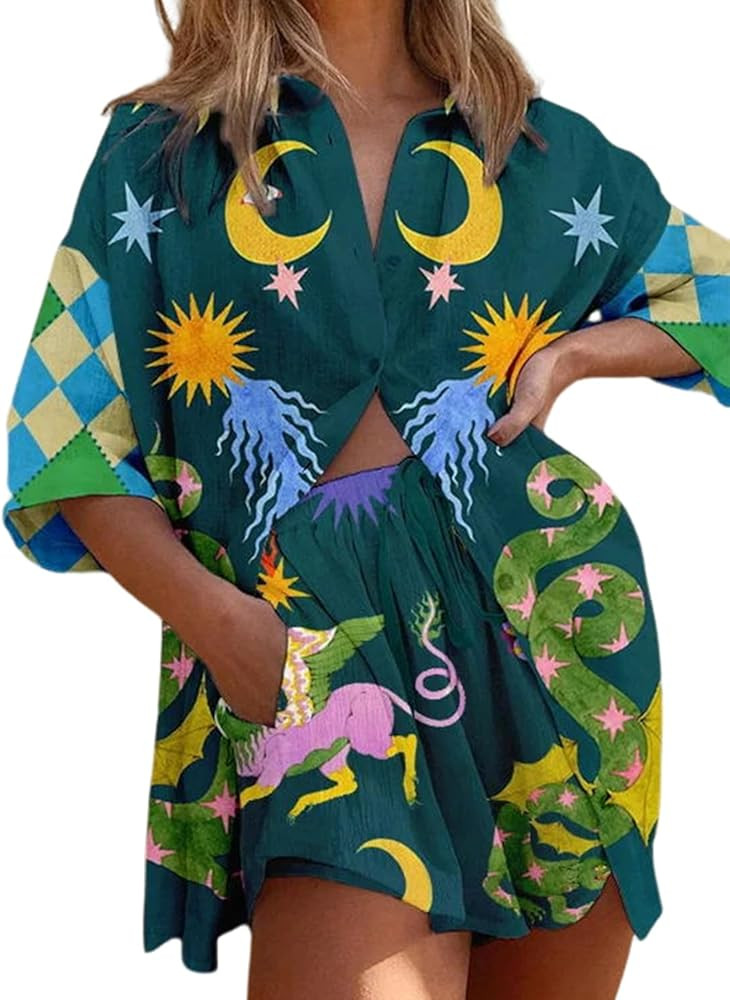 Print Pajamas For Women Set Summer Short Sleeve Button Down Tops Shorts Loose Sleepwear Sets | Amazon (US)