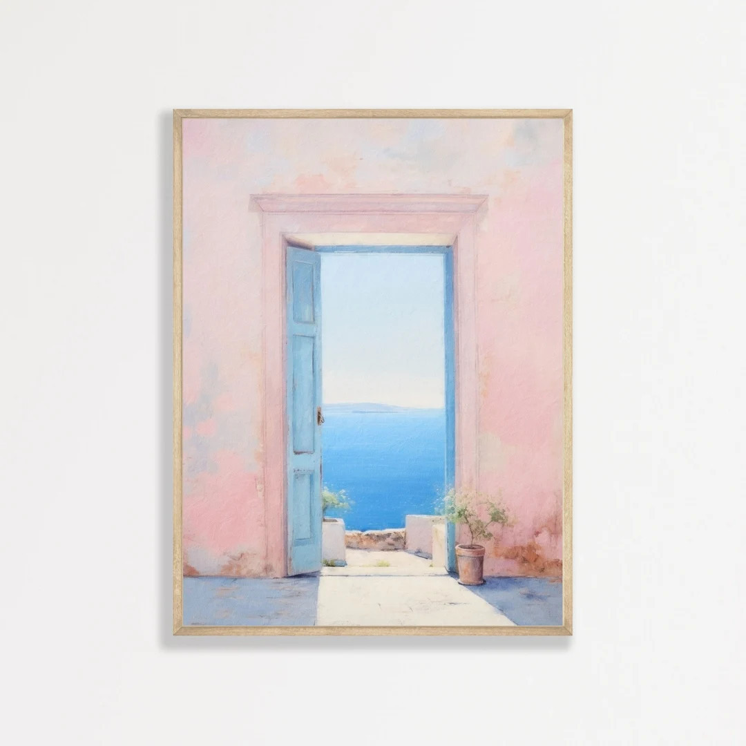 Coastal Door Print | Retro Pastel Pink Blue Wall Art | Aesthetic Preppy Minimal Greece Painting |... | Etsy (US)
