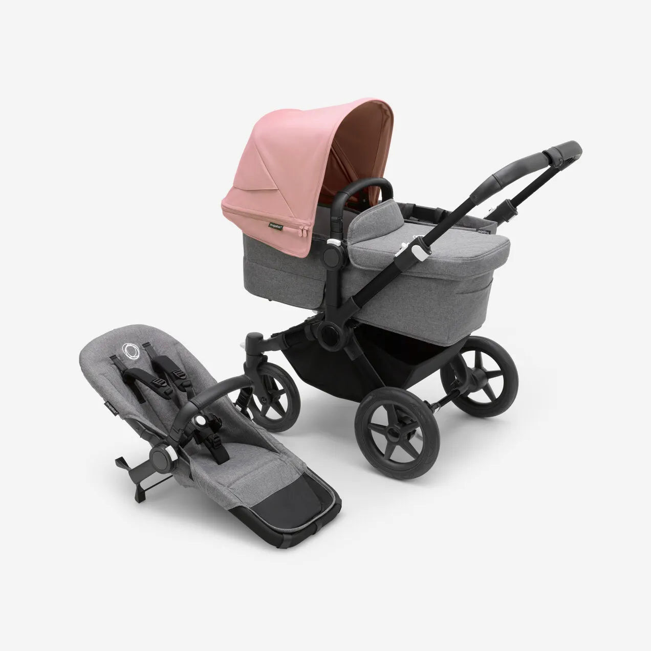 Bugaboo Donkey 5 Mono Bassinet and Seat Stroller Morning Pink Sun Canopy/ Grey Mélange Fabrics/ Black Chassis | EMILIA GEORGE®