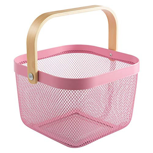 AJIODA Metal Mesh Steel Basket, Storage Organizer Basket Multi-functional Hanging Kitchen Baskets Fruit Basket Bin with Bamboo Handle for Kitchen Bathroom Picnic Shopping Decor Cabinet Home, Pink | Amazon (US)