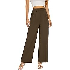 Women Office Wide High Waist Pants Loose Fit Elastic Waist Pleated Front Trousers for Work Casual | Amazon (US)