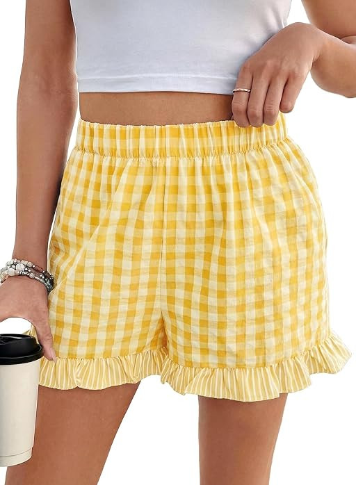 EVALESS Gingham Shorts Womens Ruffle Boxer Shorts Cute Sleep Pajama Bottoms | Amazon (US)