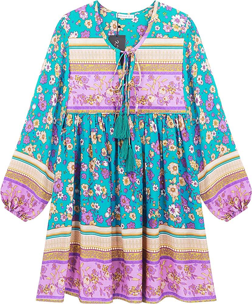 R.Vivimos Womens Long Sleeve Floral Casual Print Cotton Mini Tunic Dress | Amazon (US)