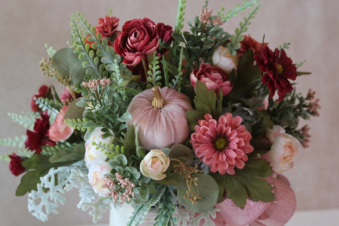 Fall Pink Pumpkin Centerpiece Autumn Flower Arrangement - Etsy | Etsy (US)