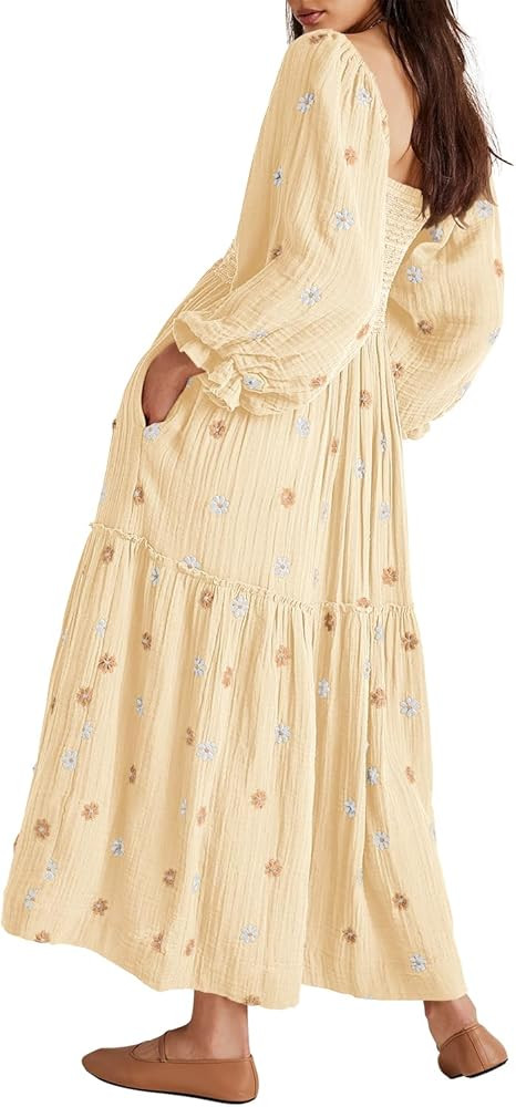 Shy Velvet Women's Summer Dresses 2024 Maxi Dress Long Sleeve Square Neck Embroidered Maxi Dress | Amazon (US)